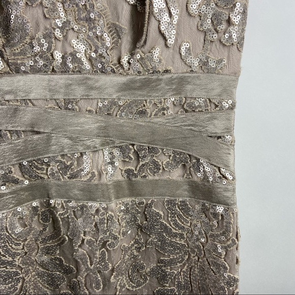 Tadashi Shoji 6 Gold Sequin Lace Floral Sheer Cocktail Party MOB Dress Paillette - Picture 5 of 12